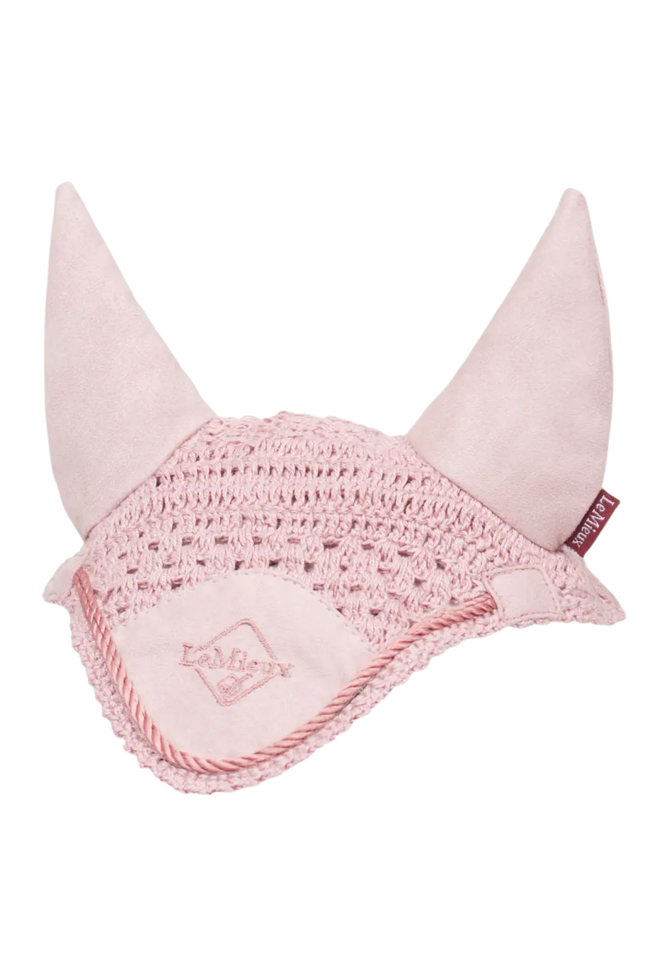 Pink ear bonnet with decorative elements on a white background