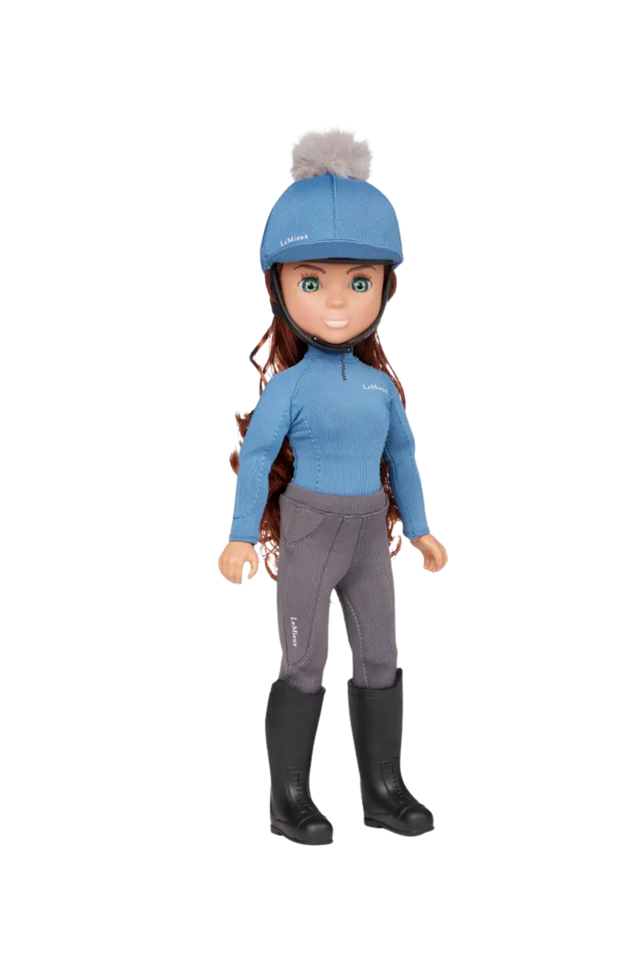 Doll wearing a blue outfit with a helmet on a white background