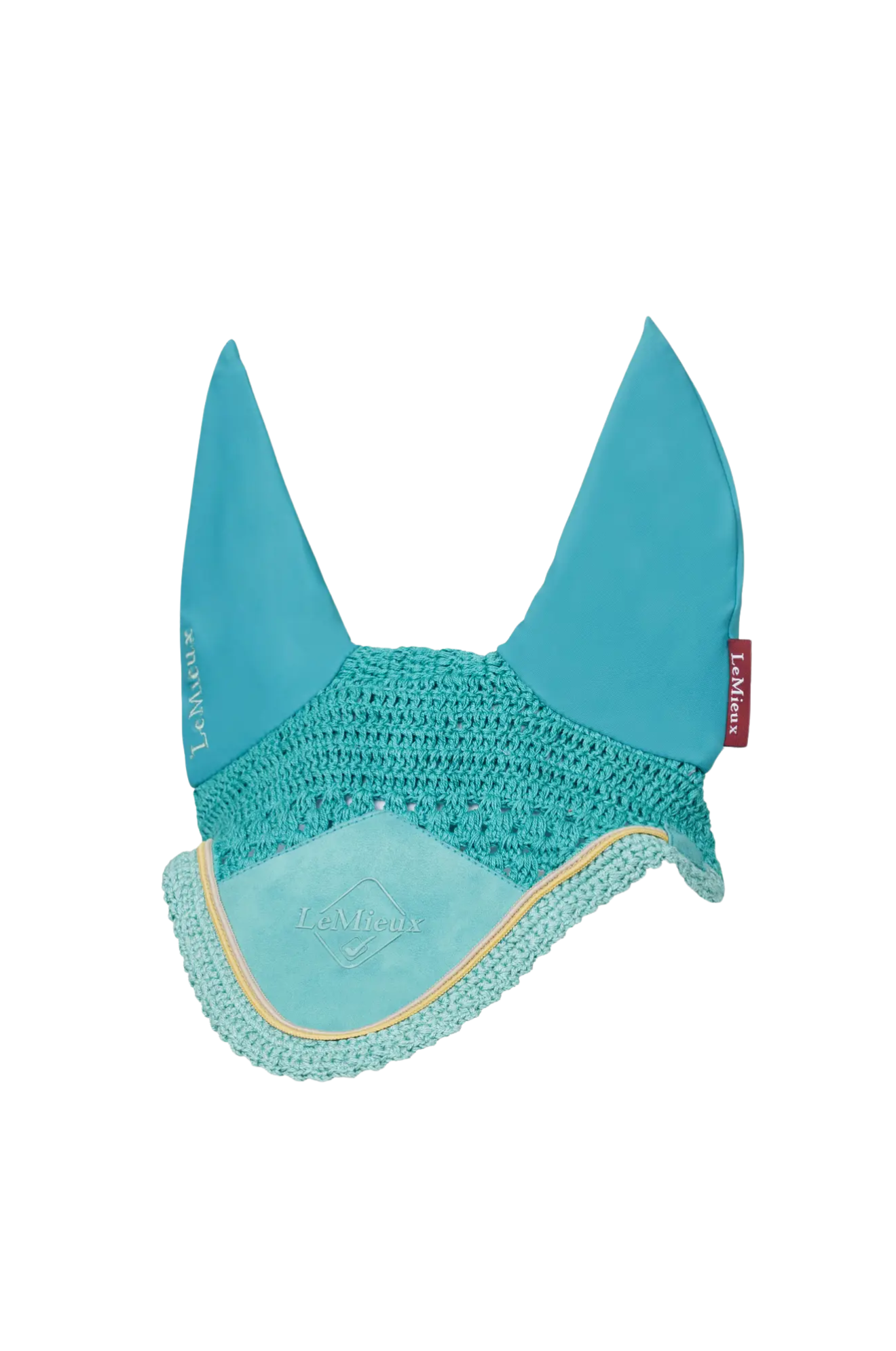 Teal crochet ear bonnet with brand label on a white background