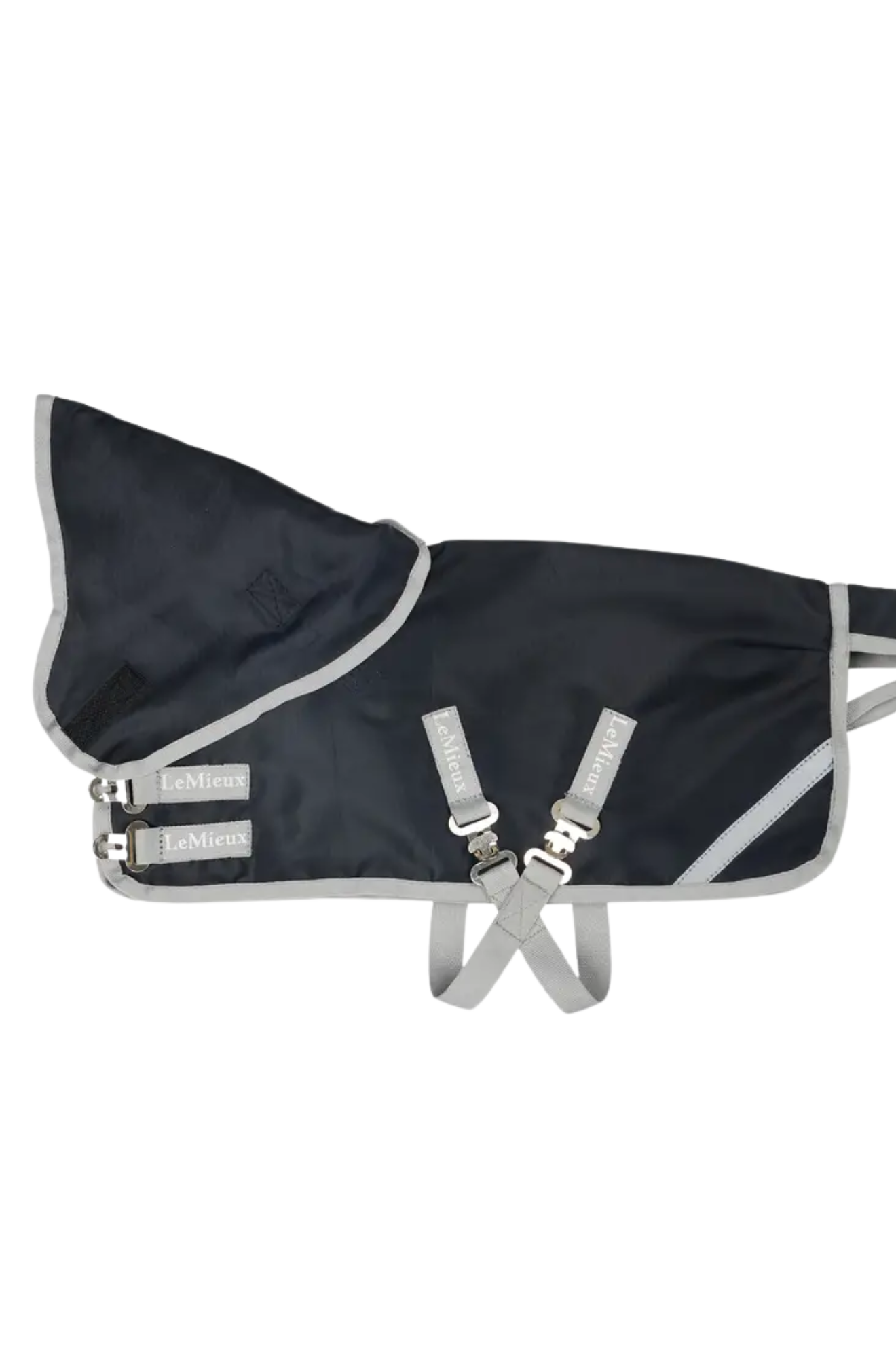 Navy and gray horse blanket with straps on a white background