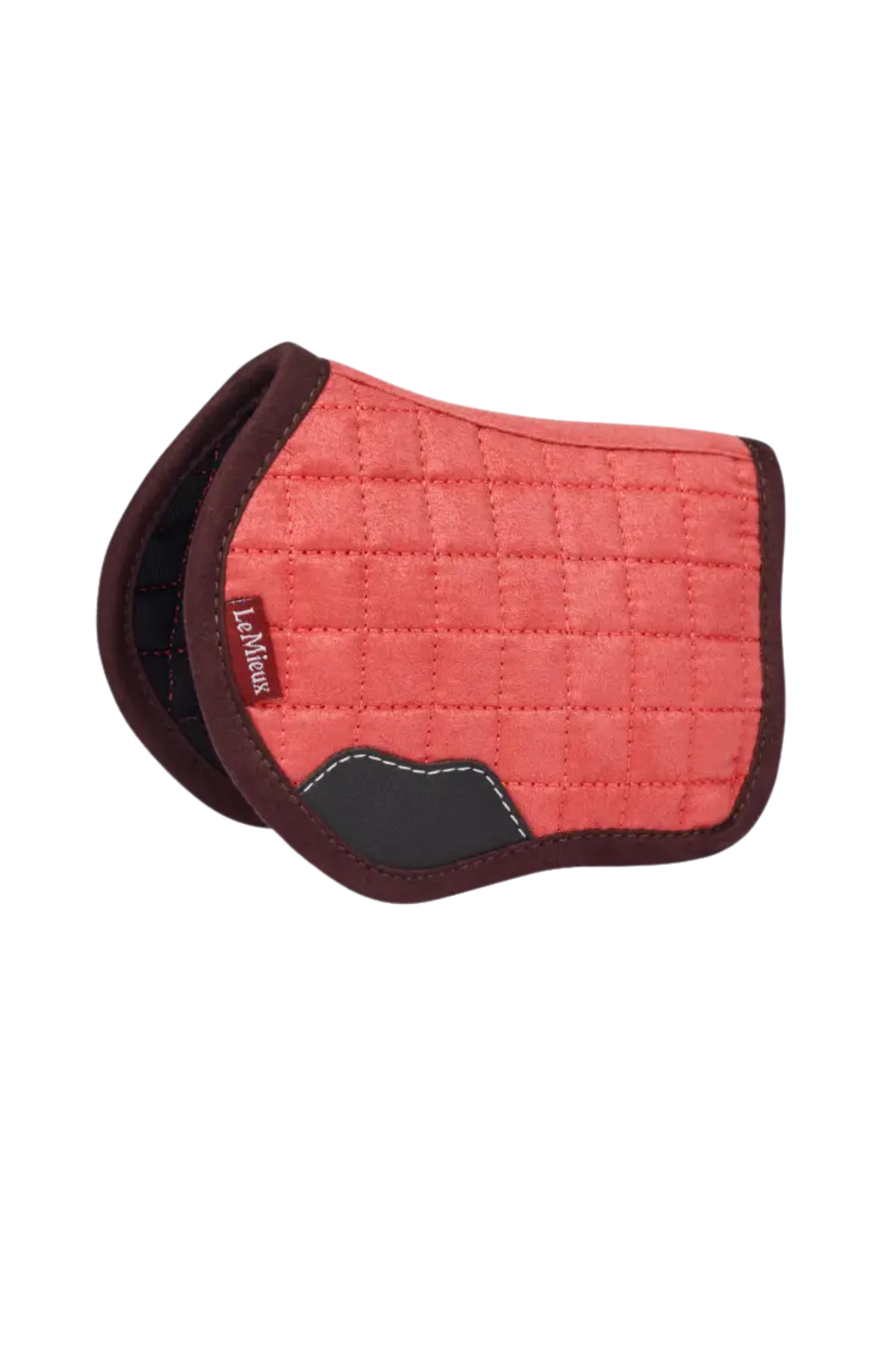 Red quilted saddle pad with brown border on a white background