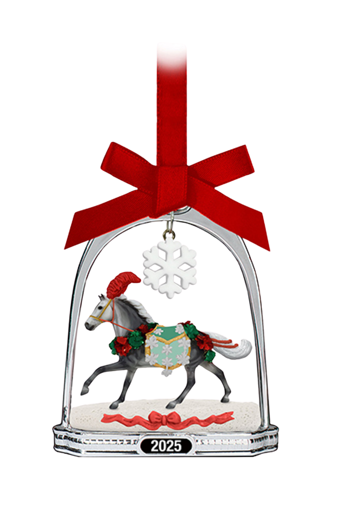 Christmas ornament with horse in a stable, red bow, and snowflake, featuring the year 2025.