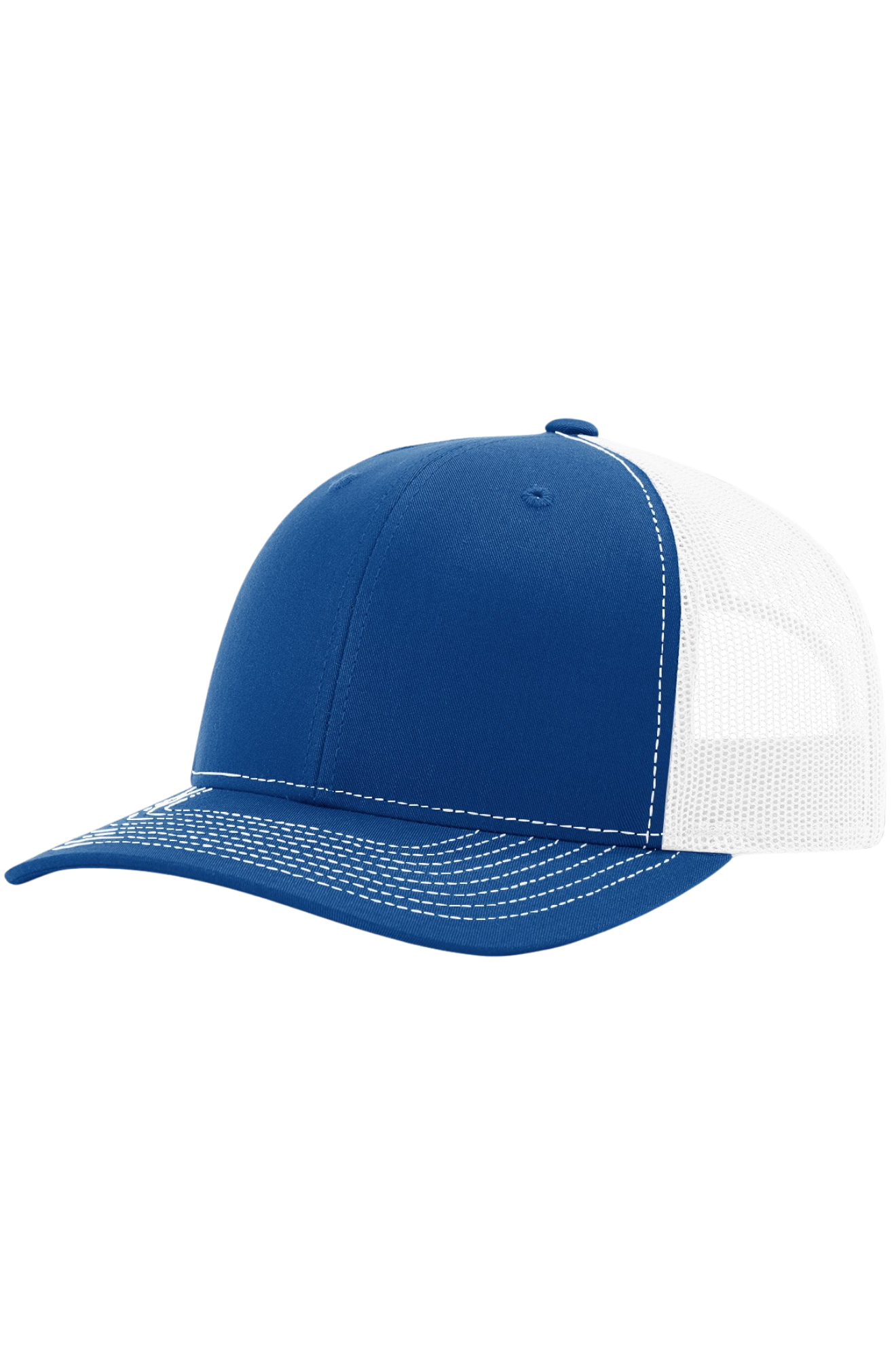 Blue and white cap with mesh back on a white background