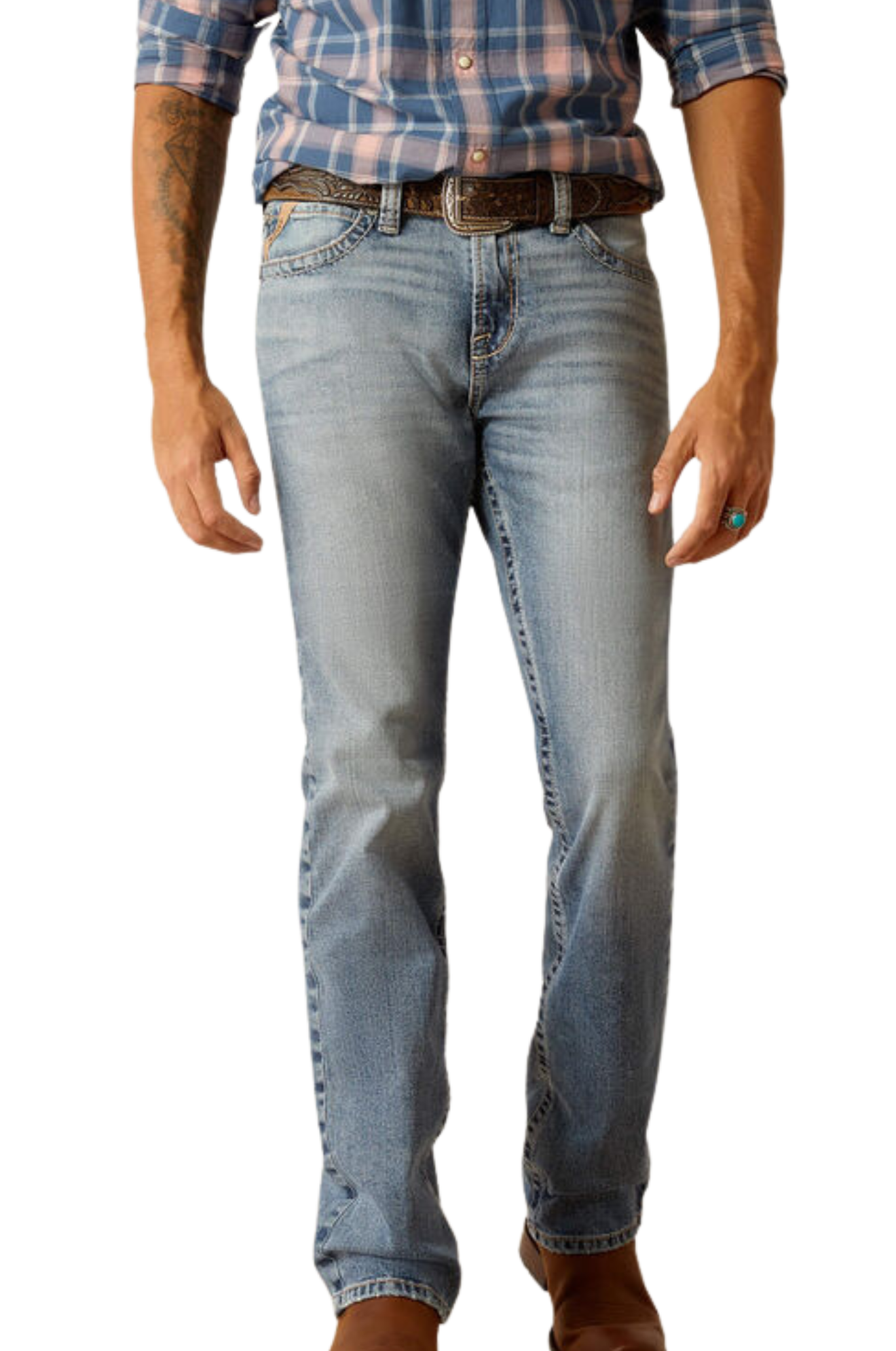 Person wearing light blue jeans and a plaid shirt on a white background