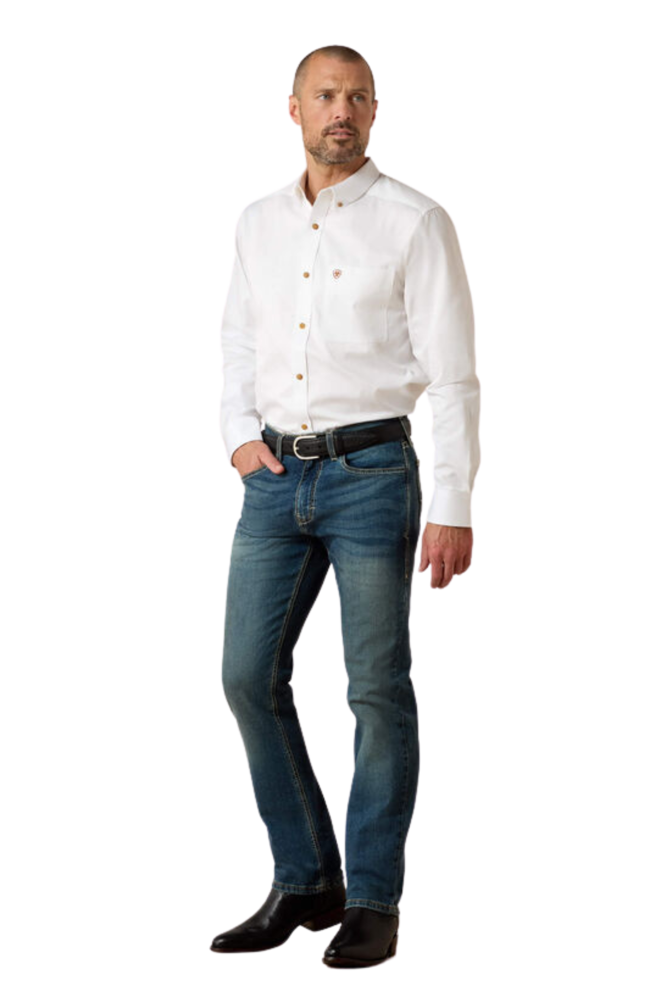 Man wearing a white dress shirt, blue jeans, and black shoes on a white background