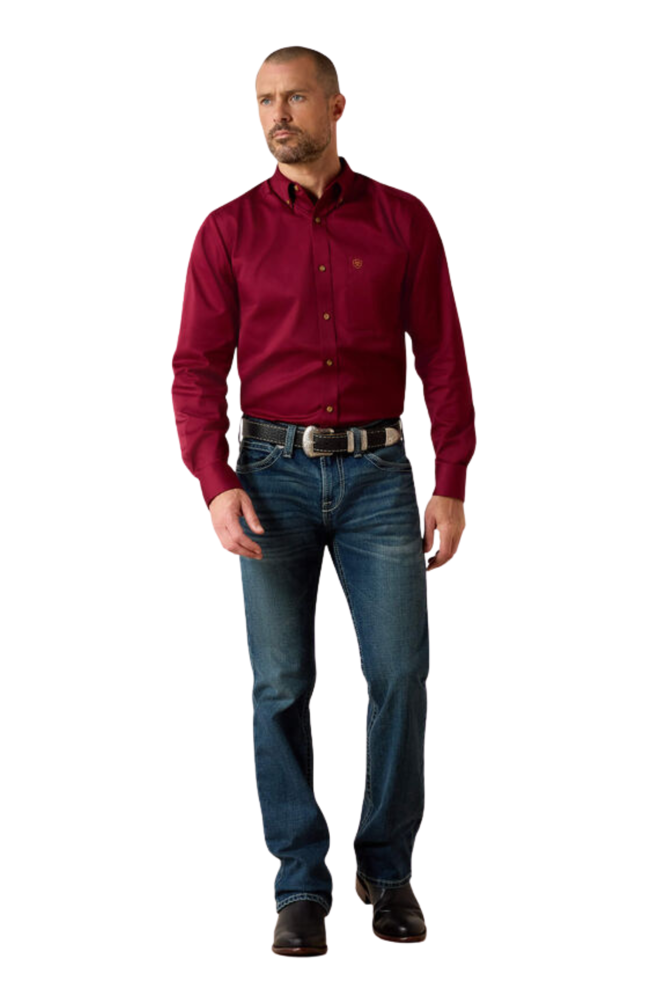 Man wearing a red shirt and blue jeans on a white background