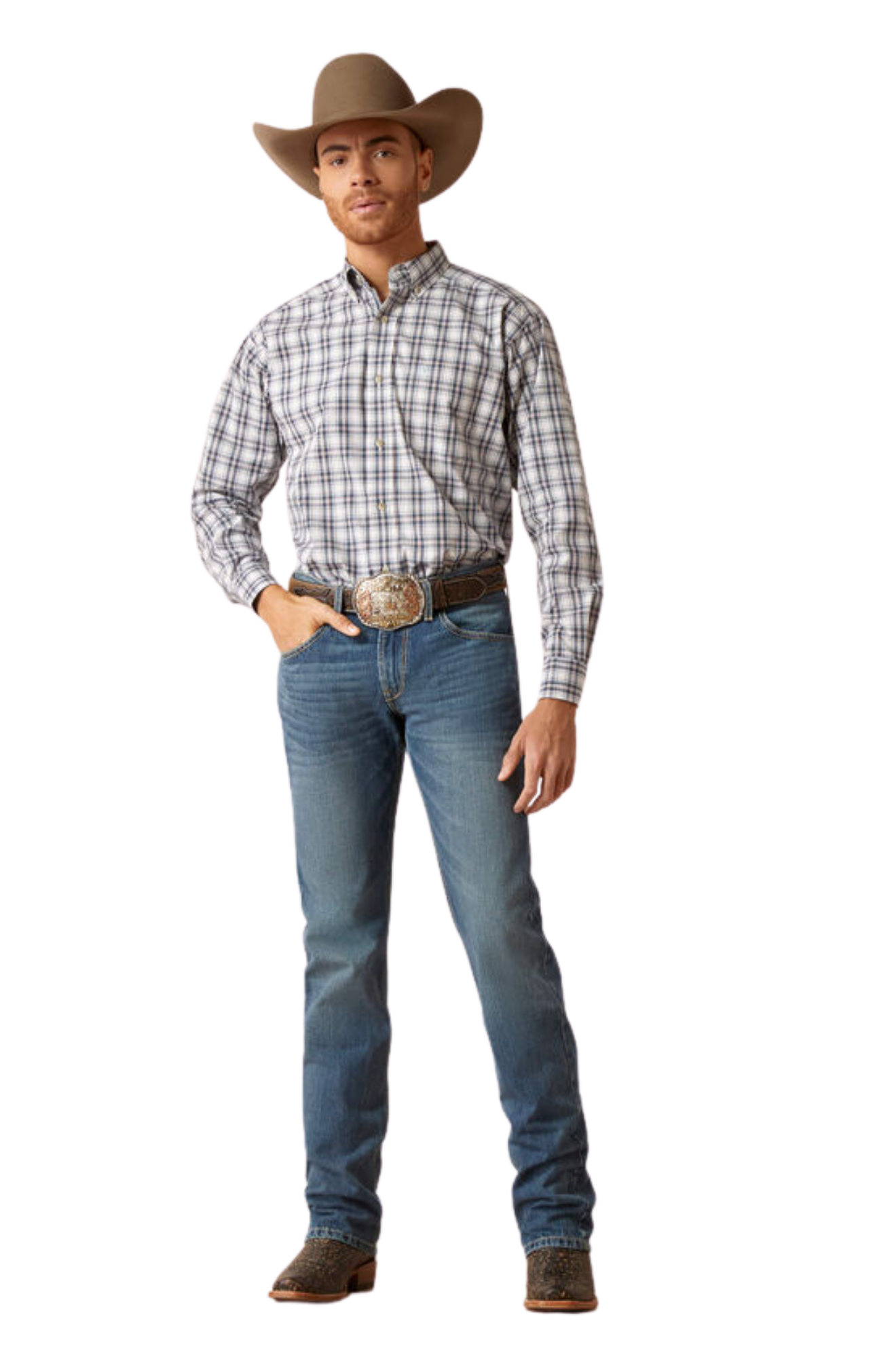 Man wearing a plaid shirt, jeans, and a cowboy hat on a white background