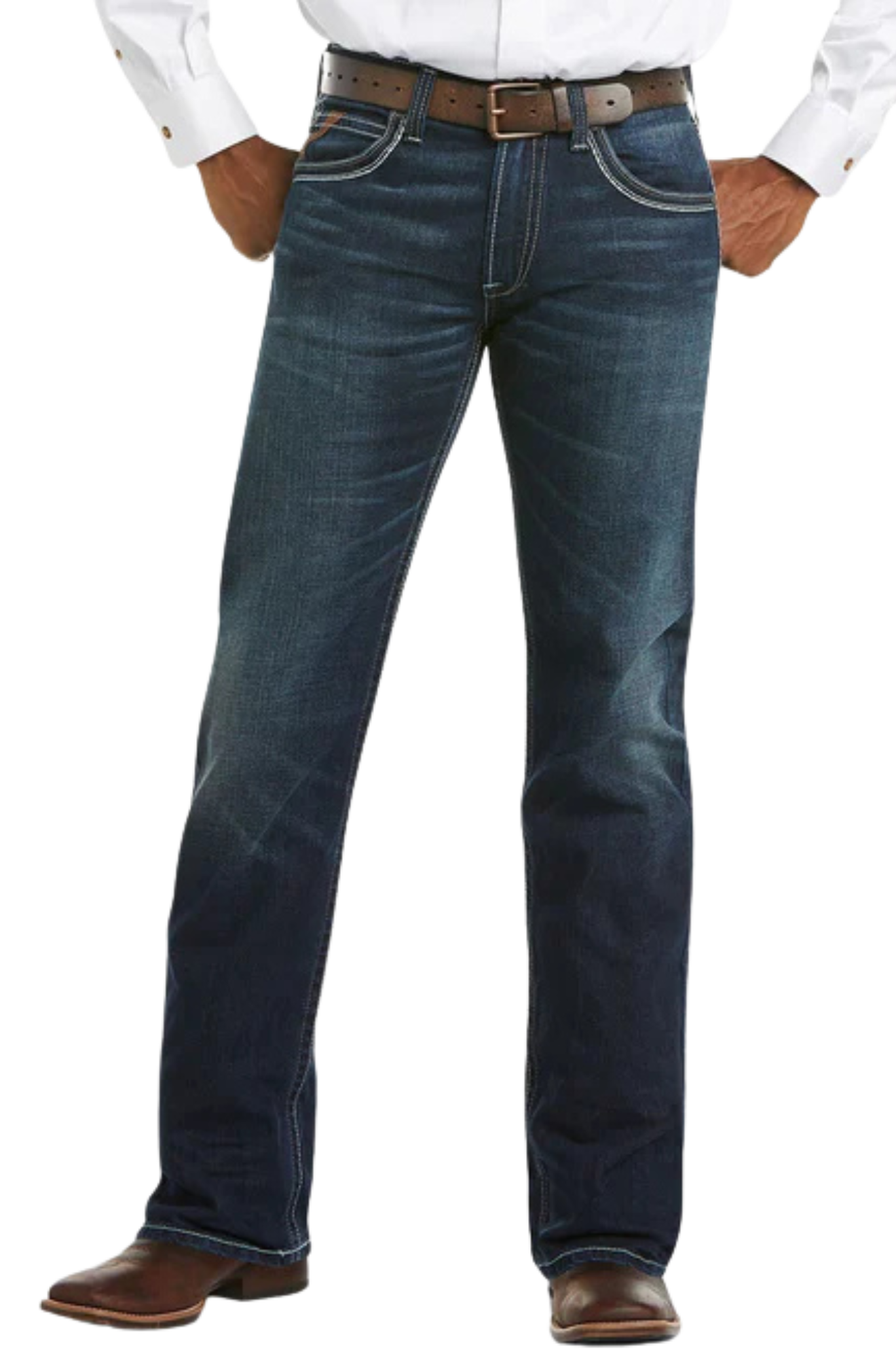 Blue jeans worn with a white shirt and brown shoes on a white background