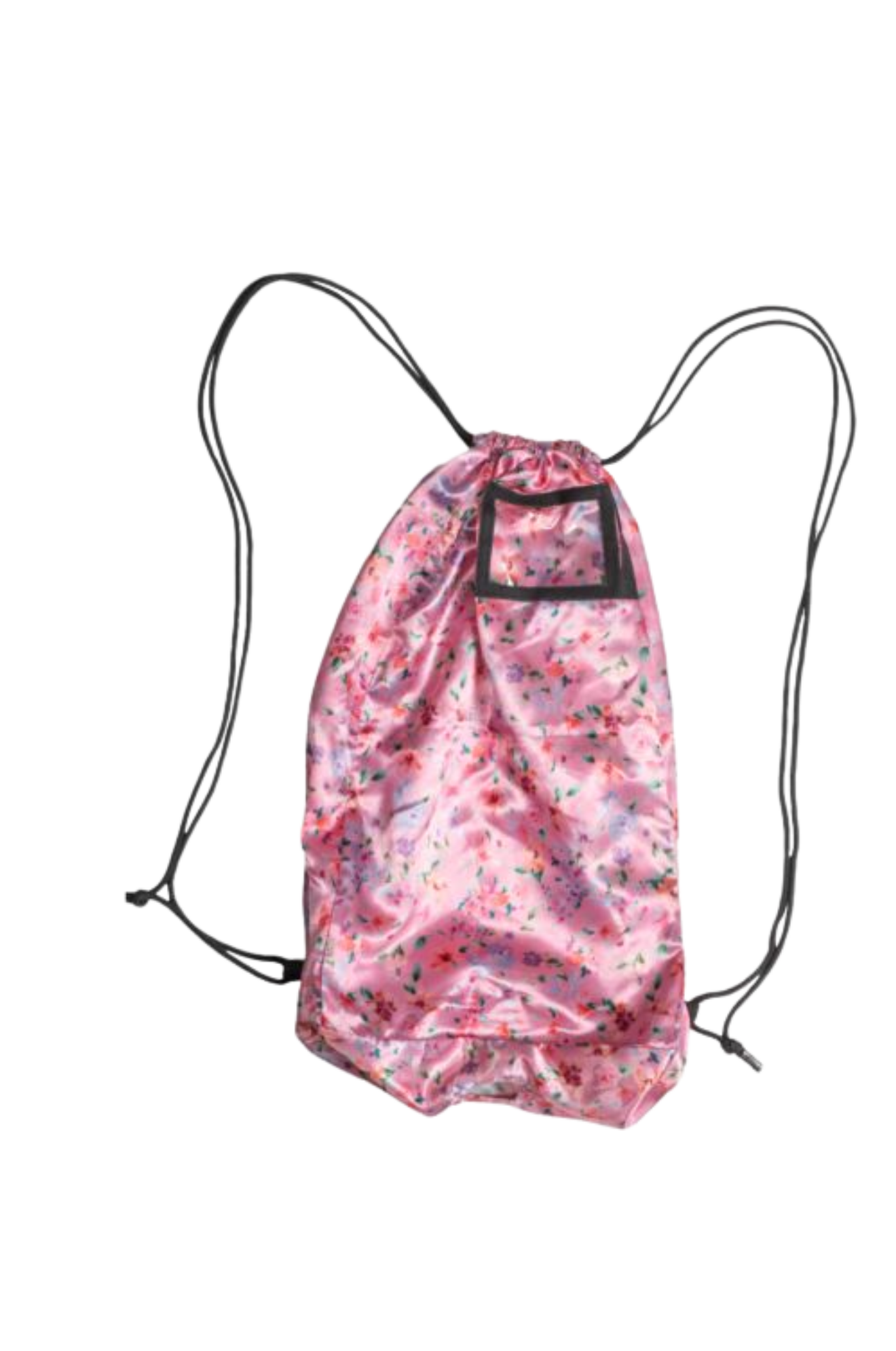 Pink drawstring bag with floral pattern on a white background