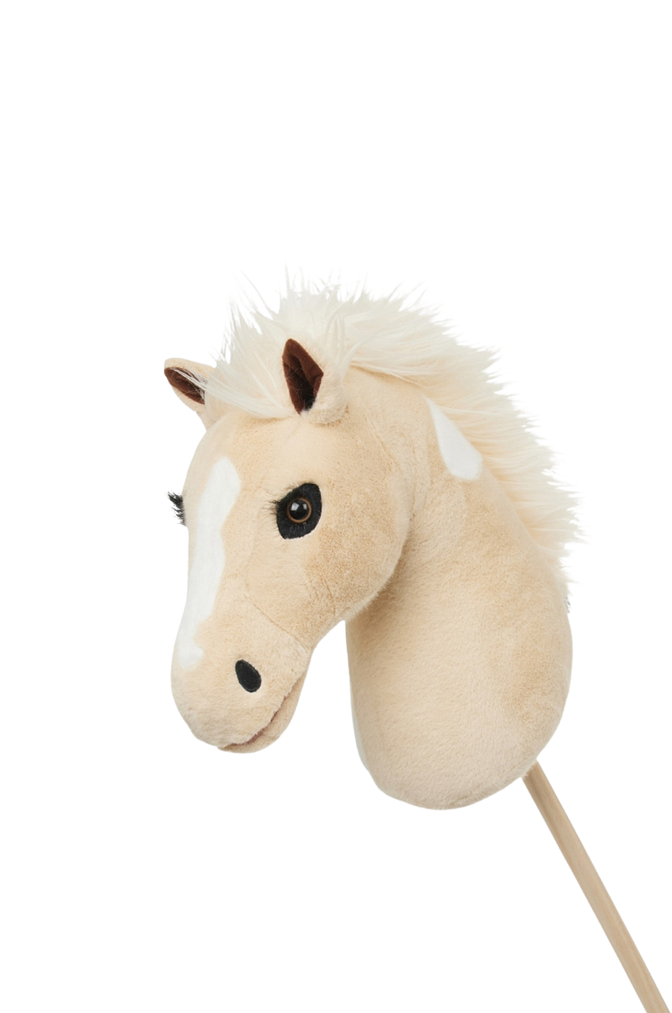 Plush horse head toy on a stick with a white background