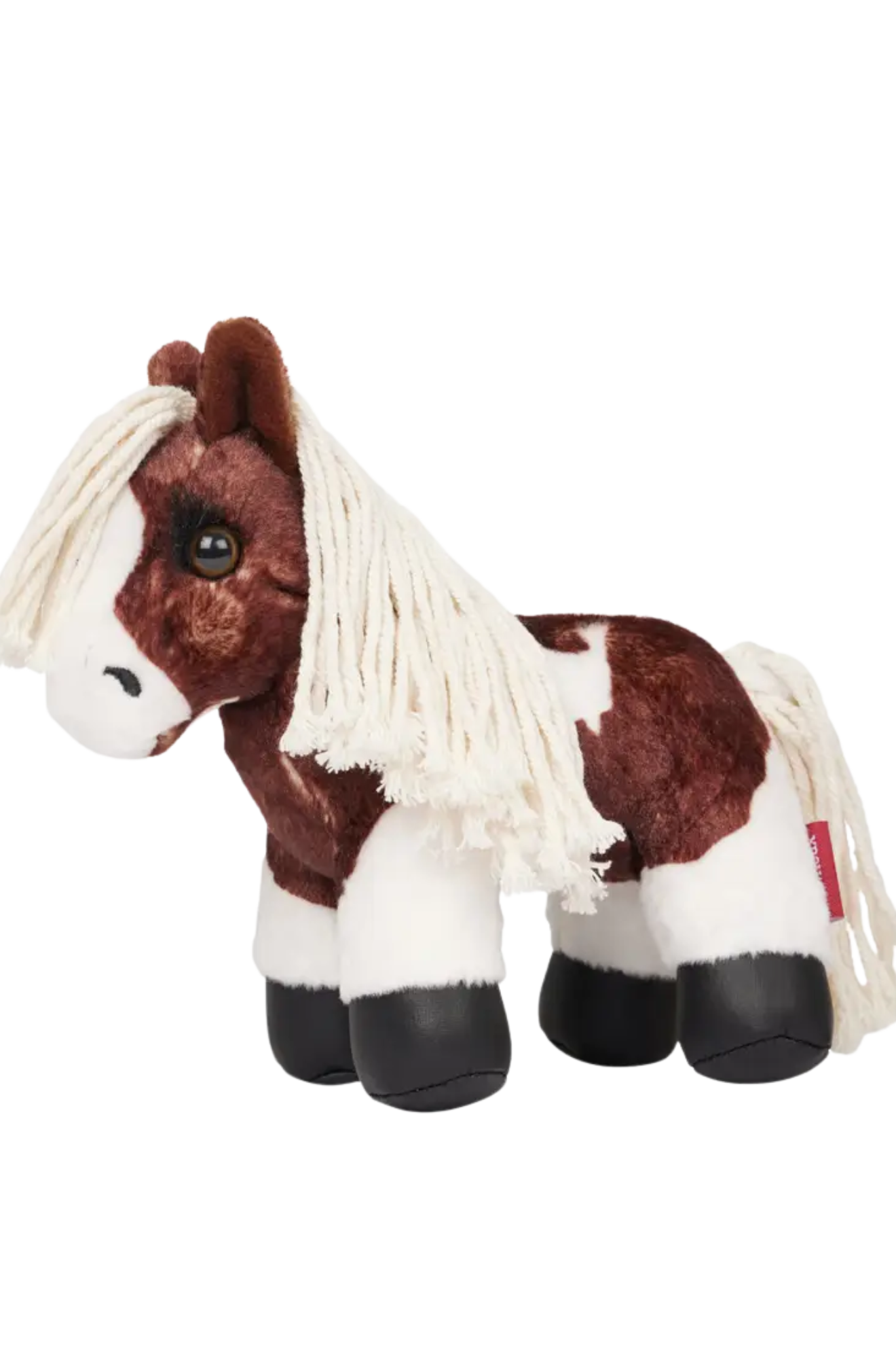 Plush horse toy with brown, white, and black coloring on a white background