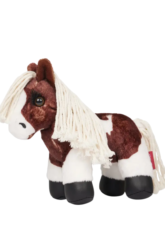 Plush horse toy with brown, white, and black coloring on a white background