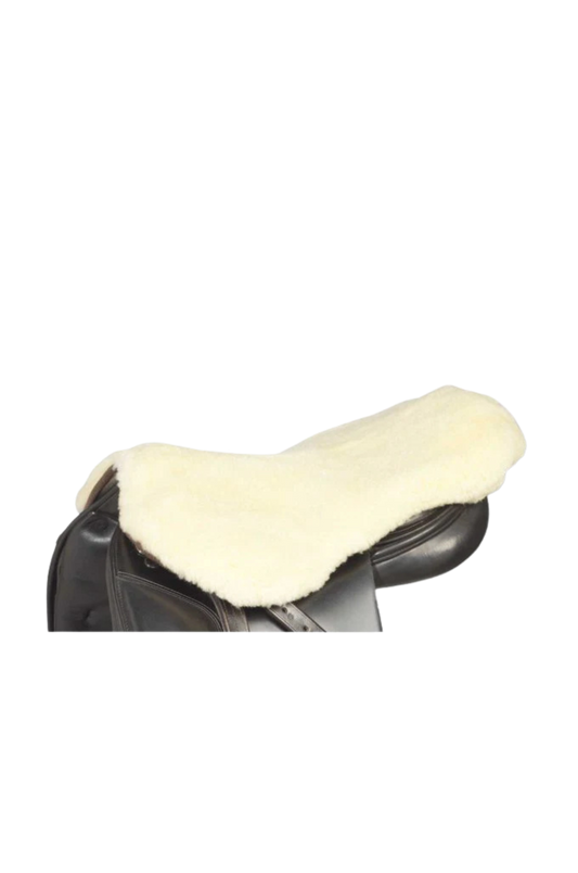 White sheepskin saddle cover on a black horse saddle against a white background