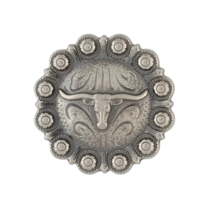 A round western-style metal buckle featuring a raised longhorn steer head motif in the center, surrounded by a scalloped border of small raised studs and engraved decorative details, shown on a plain white background.