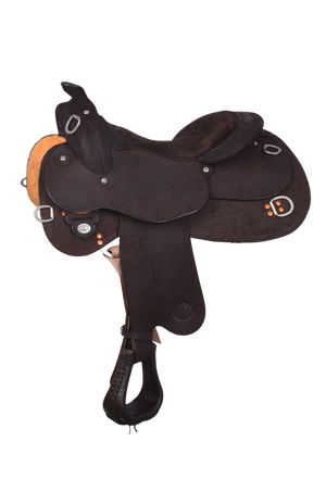 A beige Circle Y roughout trainer saddle with a brown suede seat, stainless steel hardware, and a Pelican horn.