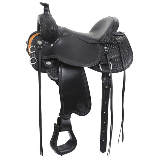 A black Circle Y Dark Rider Flex2 Trail saddle with a horn, swell, and tree type visible against a white background.
