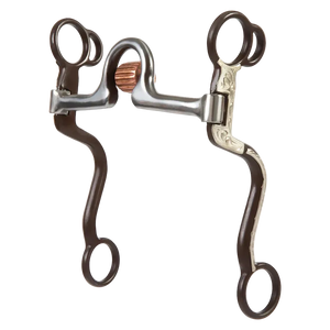 A double-bit horse bit with dark brown wraps, silver metal hardware, and a copper-colored roller, shown on a plain white background.