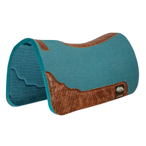 A teal and brown horse saddle pad with a textured woven leather pattern trim and a small black and white logo patch on the lower right, shown on a plain white background.