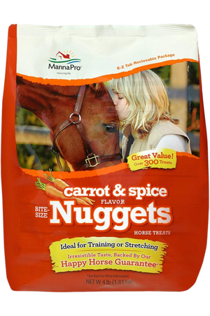 A bag of Manna Pro bite-size nuggets horse treats with a picture of a woman and her horse on the packaging.