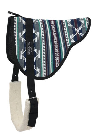 A Reinsman bareback contoured pad with a geometric pattern in red, blue, and black colors, featuring a non-slip bottom and a contoured shape designed for horse comfort.
