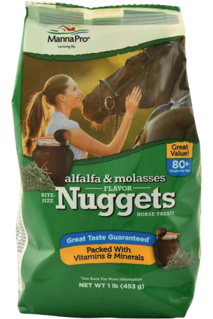 A bag of Manna Pro bite-size nuggets horse treats with a picture of a woman and her horse on the packaging.
