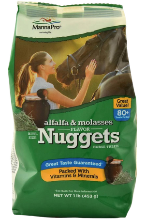 A bag of Manna Pro bite-size nuggets horse treats with a picture of a woman and her horse on the packaging.