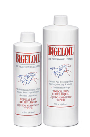 A bottle of Bigeloil Professional Insect Liniment, which is a topical pain relief liquid for horses. The bottle is white with a label that has the product name, a red horse graphic, and additional text.