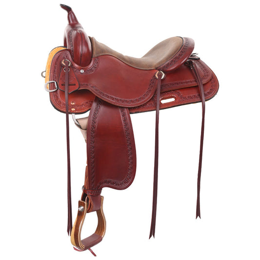 A traditional western saddle made of rich chestnut leather with wooden stirrups and a pebbled ranger grainout seat.