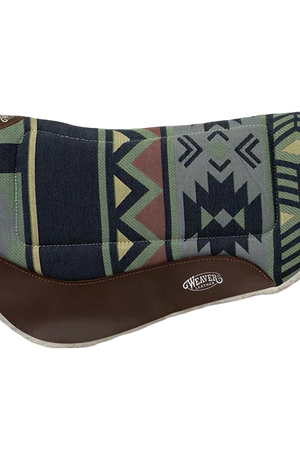 A contoured barrel saddle pad with a geometric pattern featuring black, brown, and white colors, and a brown leather trim.
