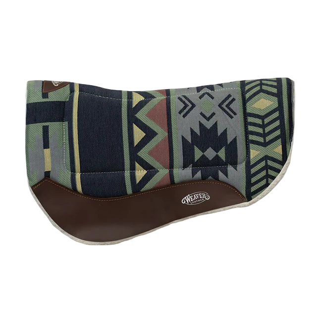 A contoured barrel saddle pad with a geometric pattern featuring black, brown, and white colors, and a brown leather trim.