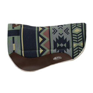 A contoured barrel saddle pad with a geometric pattern featuring black, brown, and white colors, and a brown leather trim.