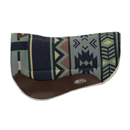 A contoured barrel saddle pad with a geometric pattern featuring black, brown, and white colors, and a brown leather trim.