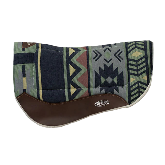 A contoured barrel saddle pad with a geometric pattern featuring black, brown, and white colors, and a brown leather trim.