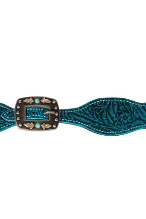 Aqua floral patterned spur strap with a black latigo leather center bar buckle featuring turquoise spots.
