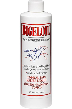 A bottle of Bigeloil Professional Insect Liniment, which is a topical pain relief liquid for horses. The bottle is white with a label that has the product name, a red horse graphic, and additional text.