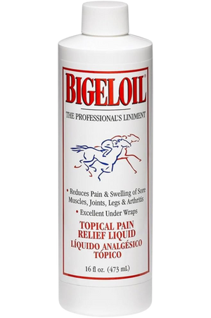 A bottle of Bigeloil Professional Insect Liniment, which is a topical pain relief liquid for horses. The bottle is white with a label that has the product name, a red horse graphic, and additional text.