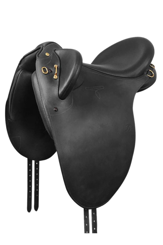 A black Bates Outback Heritage Leather Saddle with a tree and CAIR cushion system.