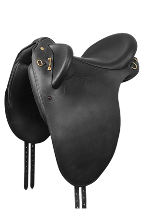 A black Bates Outback Heritage Leather Saddle with a tree and CAIR cushion system.