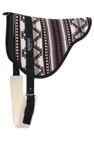 A Reinsman bareback contoured pad with a geometric pattern in red, blue, and black colors, featuring a non-slip bottom and a contoured shape designed for horse comfort.