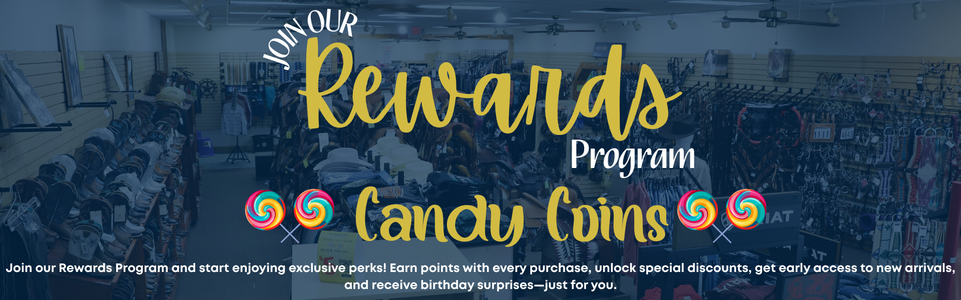 Promotional banner for a rewards program with colorful text and graphics.