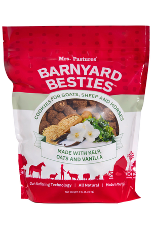 Bag of Mrs. Pastures Barnyard Besties cookies for farm animals on a white background