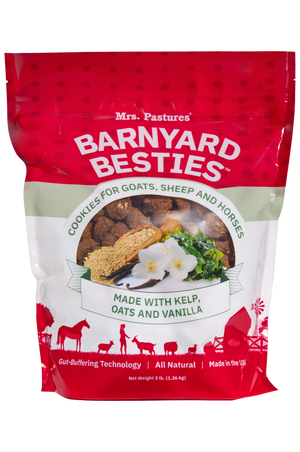 Bag of Mrs. Pastures Barnyard Besties cookies for farm animals on a white background