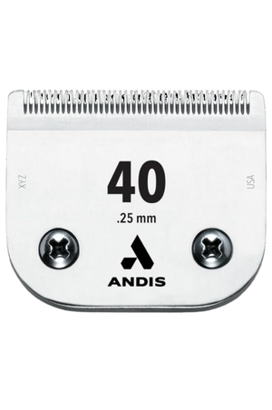 Detachable blade for Andis clippers, marked with the number 40 and a thickness of .25 mm, predominantly silver in color with the Andis logo.