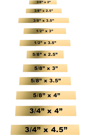 A series of rectangular brass plates in various sizes with engraved text.