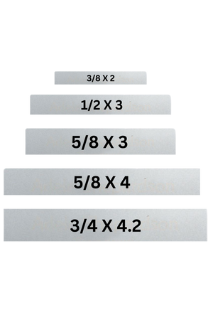A set of five chrome name plates of various sizes arranged in a stair-step pattern, with measurements labeled next to each plate.
