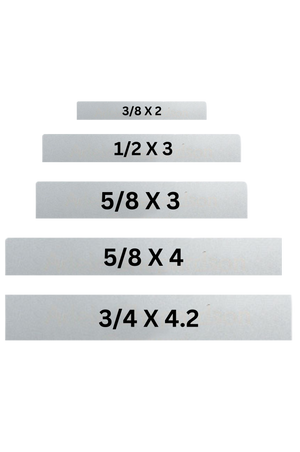 A set of five chrome name plates of various sizes arranged in a stair-step pattern, with measurements labeled next to each plate.