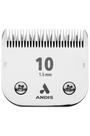 Detachable blade for Andis clippers, marked with the number 10 and a thickness of 1.5 mm, predominantly silver in color with the Andis logo.
