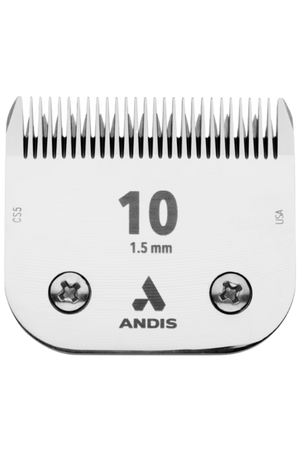 Detachable blade for Andis clippers, marked with the number 10 and a thickness of 1.5 mm, predominantly silver in color with the Andis logo.