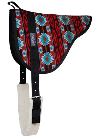 A Reinsman bareback contoured pad with a geometric pattern in red, blue, and black colors, featuring a non-slip bottom and a contoured shape designed for horse comfort.