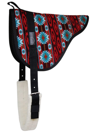 A Reinsman bareback contoured pad with a geometric pattern in red, blue, and black colors, featuring a non-slip bottom and a contoured shape designed for horse comfort.